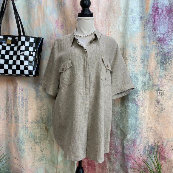 πHarve Benard Linen Casual Botton Down Blouse with short Sleeves - Picture 9 of 15